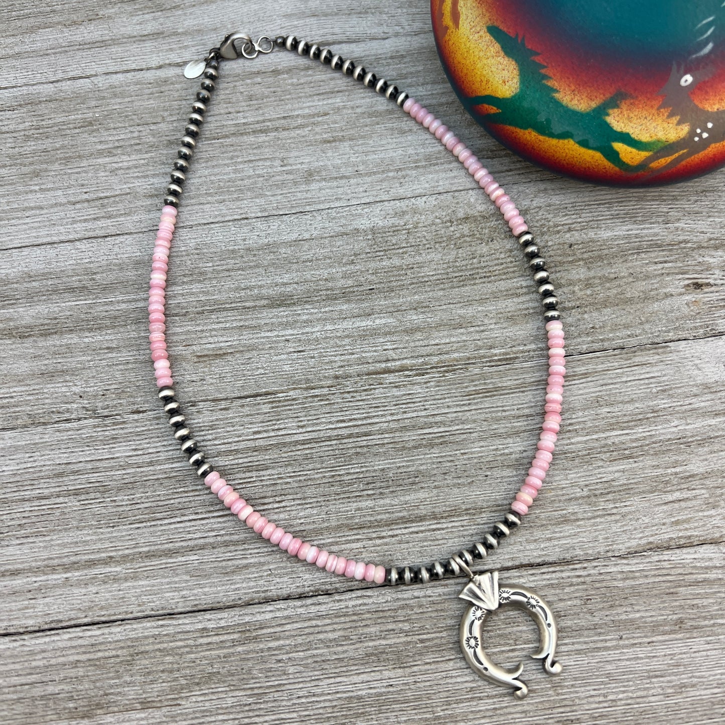 16”, 4mm Pink Conch Shell beads Naja pendant necklace sterling silver Southwest Pearls
