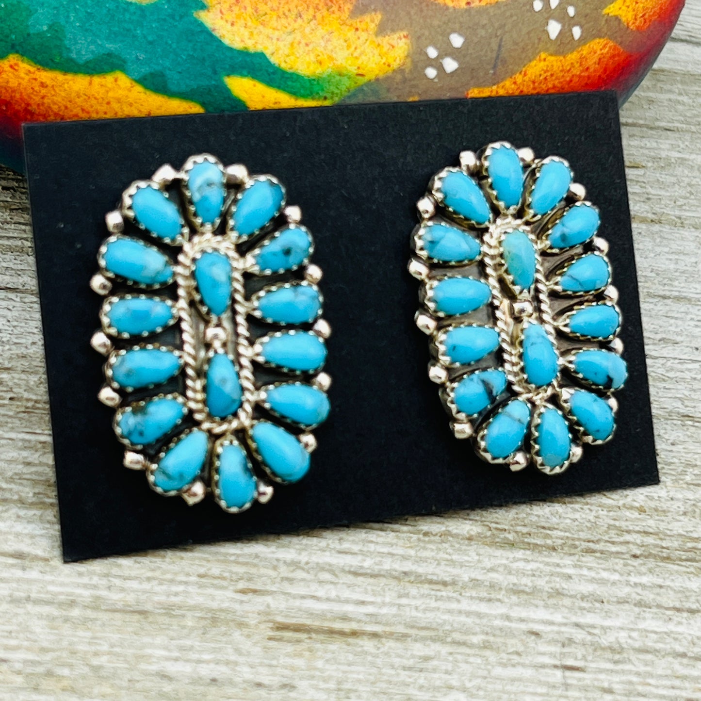 Turquoise Petit Point Oval Cluster Earrings Gerald Mitchell signed Sterling silver ER2