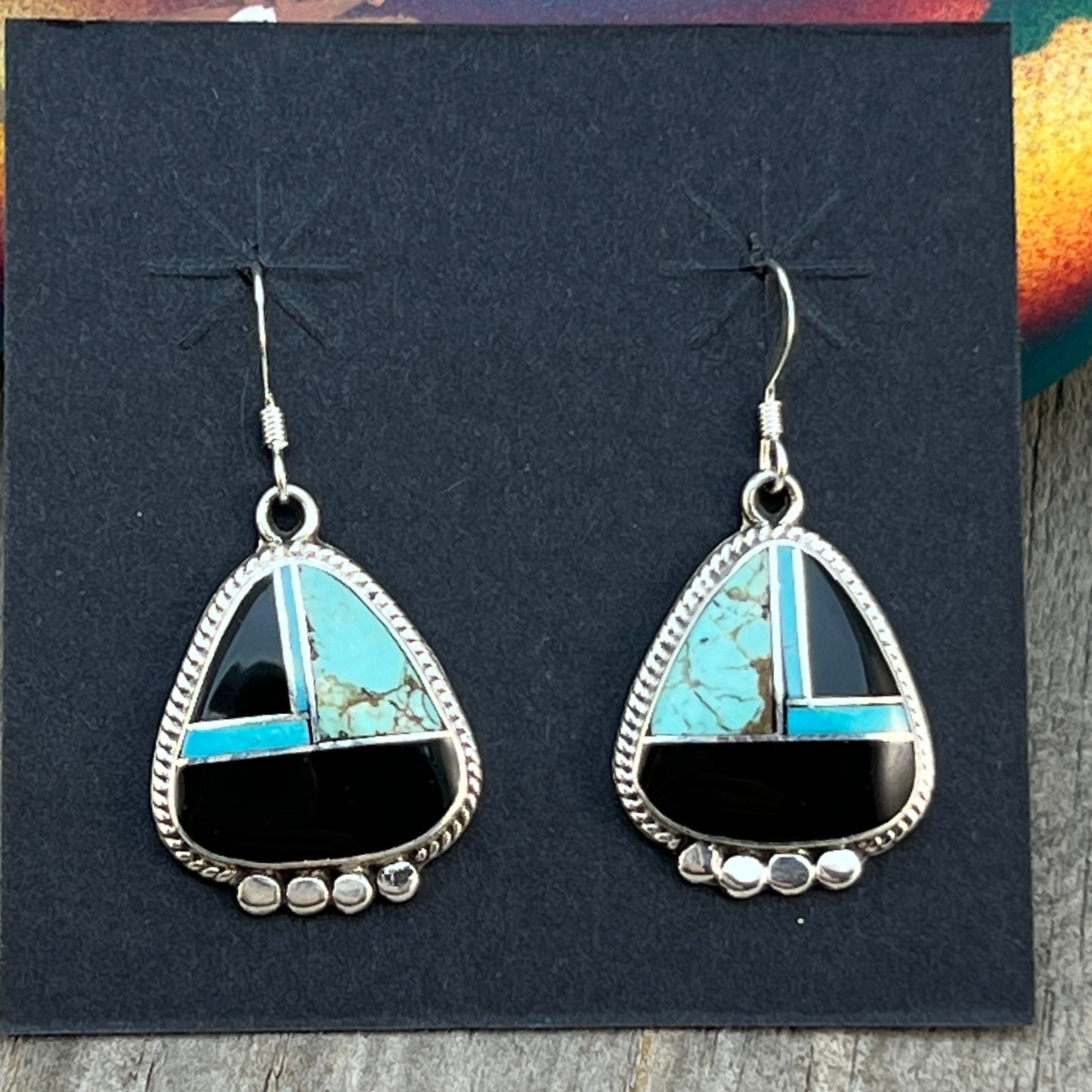Modern Black jet turquoise inlay Earrings Sterling Silver James Manygoats Navajo 674