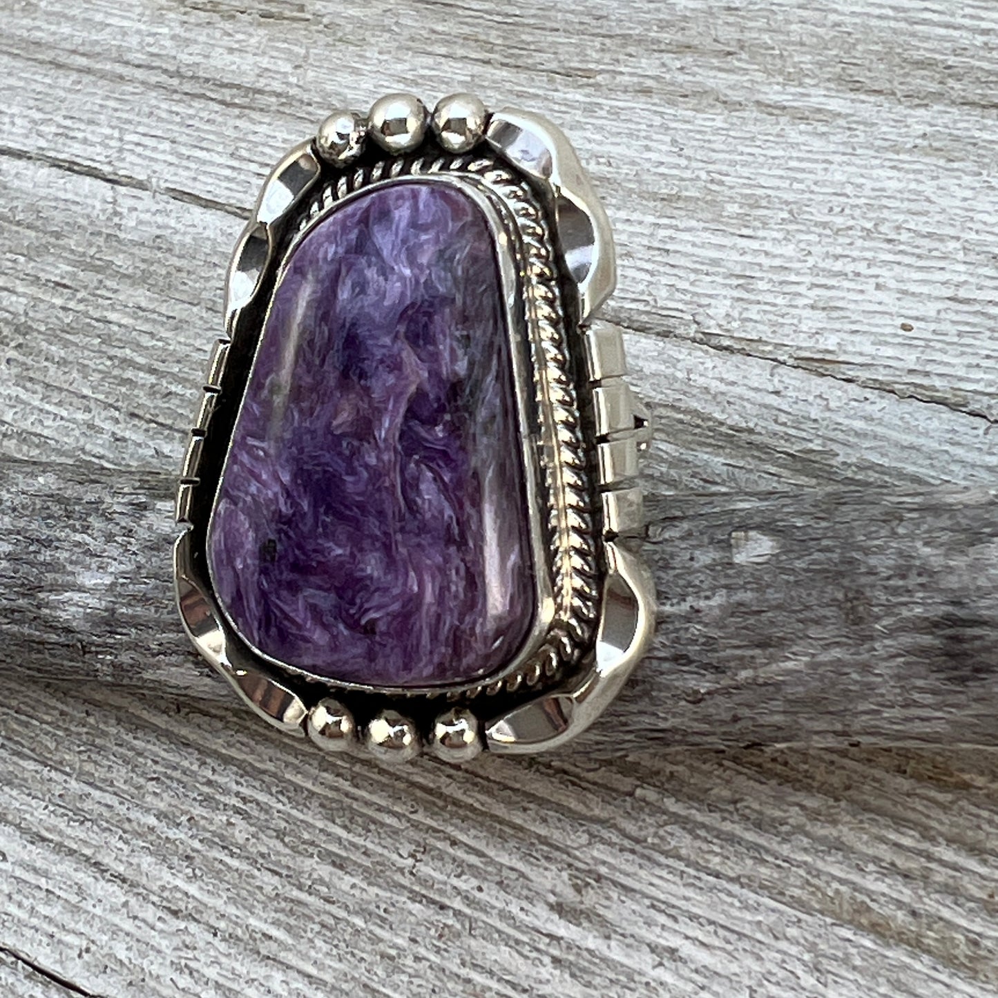 Size 6 Charoite sterling silver handmade ring #6, Navajo Samuel Yellowhair