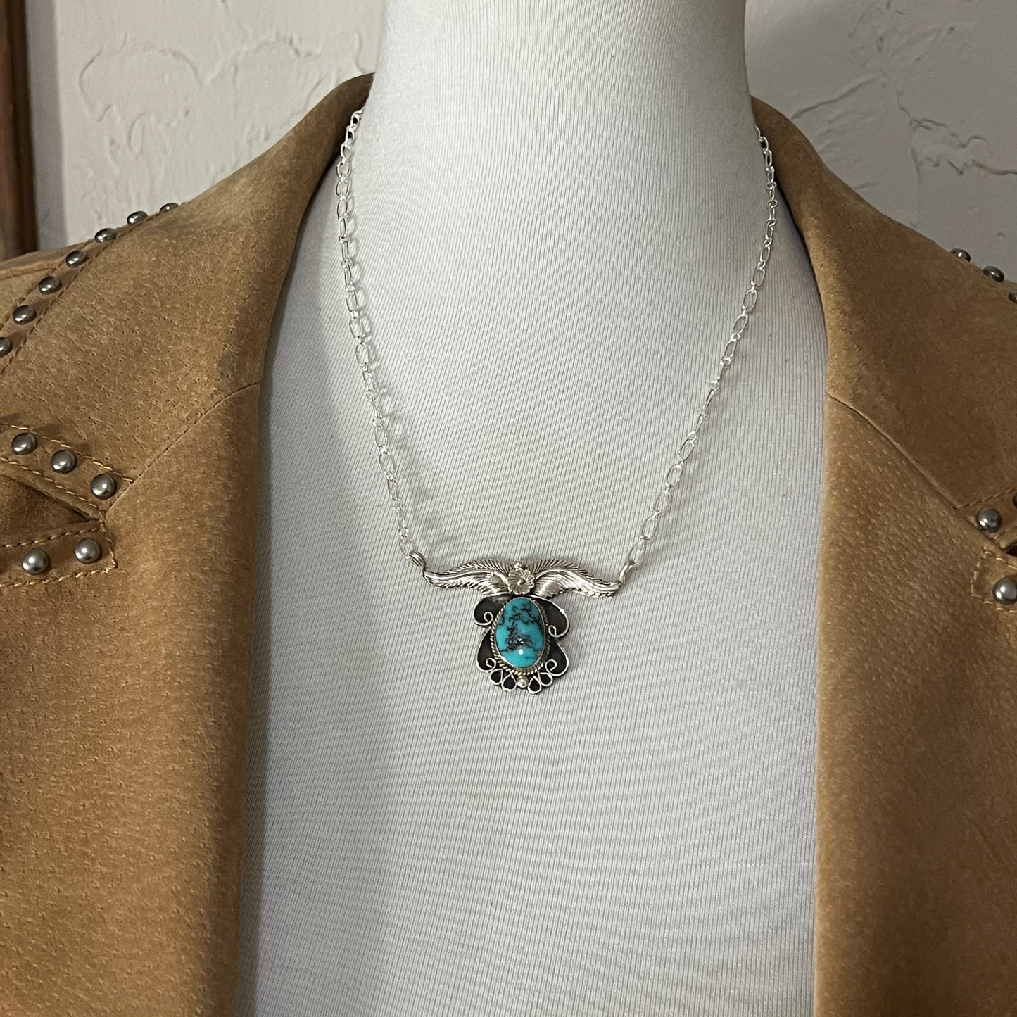 19" Floral leaf work necklace Kingman Turquoise, sterling silver, Navajo handmade by Sadie Jim