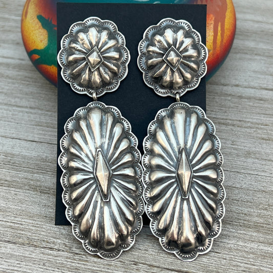 Navajo handmade large Concho long dangle earrings sterling silver Rita Lee 266