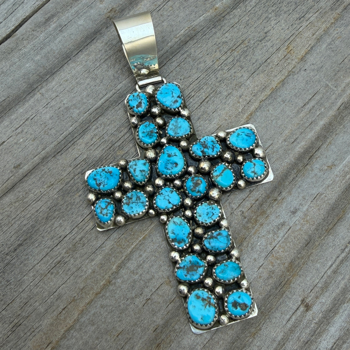 Kingman Turquoise Cross Pendant Melvin Jones Navajo handmade Sterling silver PD2