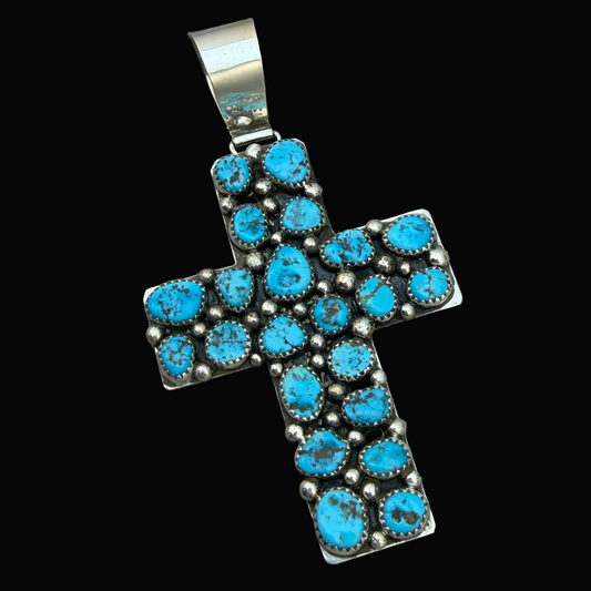 Kingman Turquoise Cross Pendant Melvin Jones Navajo handmade Sterling silver PD2