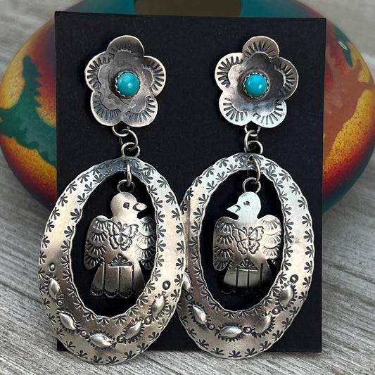 Navajo handmade large Concho thunderbird dangle earrings sterling silver Tim Yazzie
