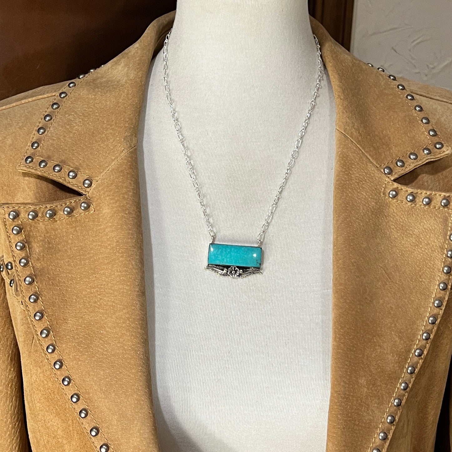 20"  bar necklace blue Campitos Turquoise, sterling silver Gregg Yazzie
