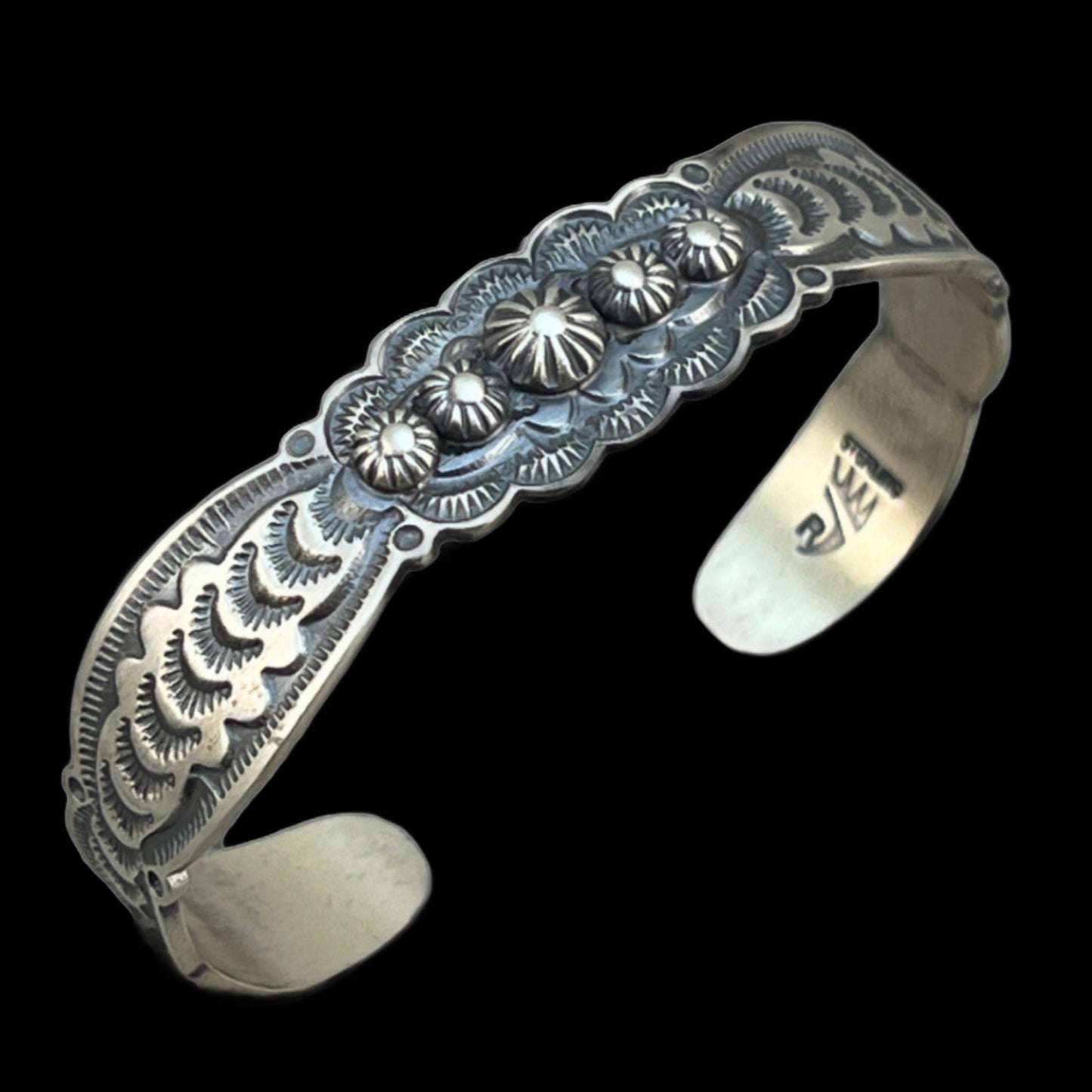 6 1/2" Sterling Silver Hand Stamped Cuff Bracelet, Benny Ramone, Old Style Navajo Buttons, Stars, concho