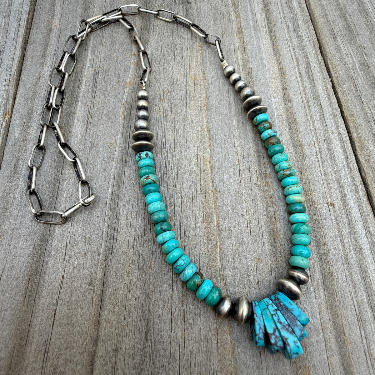 22" Kingman Turquoise Bead Necklace Sterling silver Navajo handmade paperclip Chain