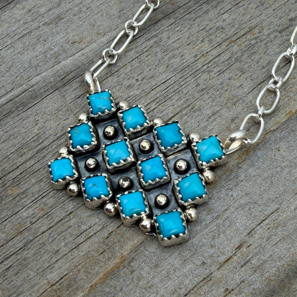 18 1/2" Turquoise Square Station Necklace Navajo Sterling Silver Verley Betone 1