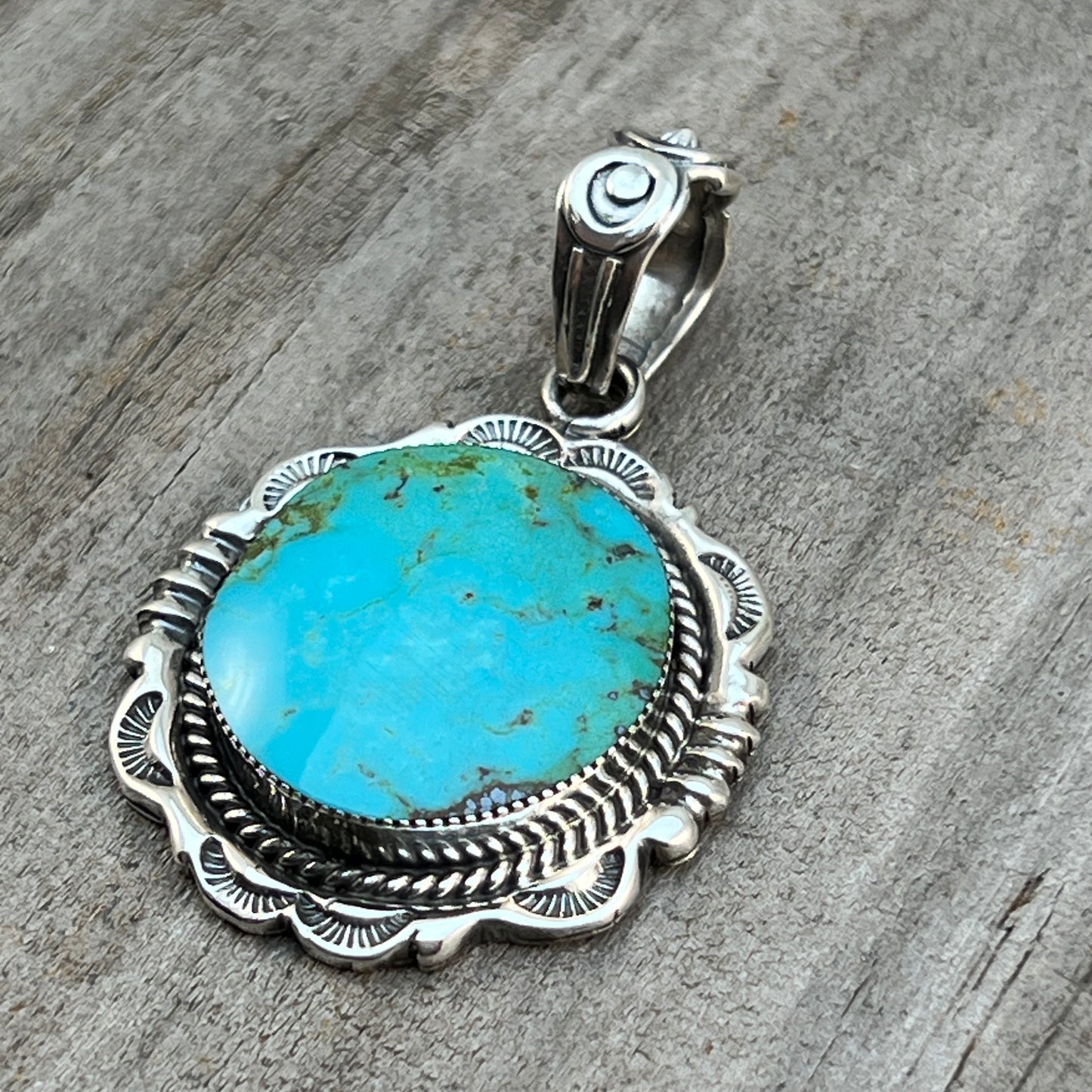 Kingman Turquoise Pendant Sterling silver Navajo handmade Jeremy Delgarito 554