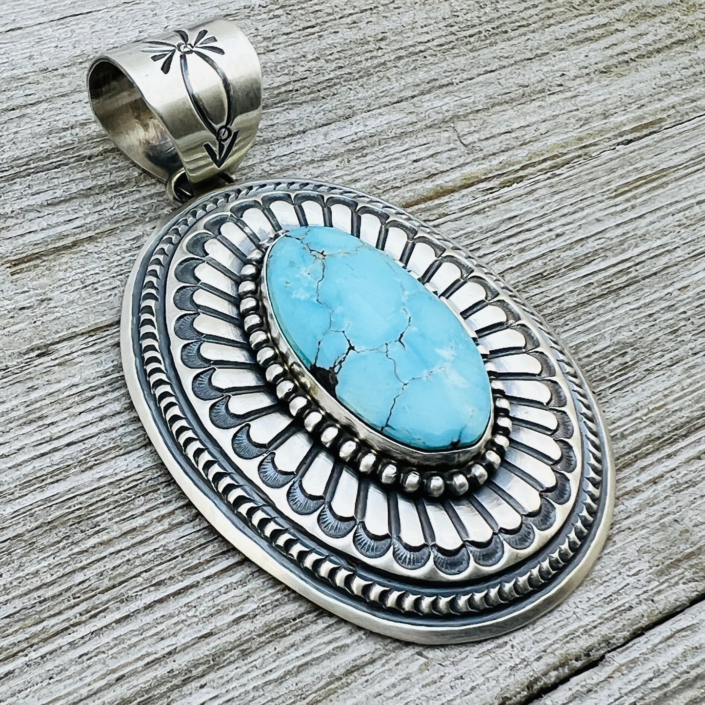 Natural Egyptian Light Blue Turquoise Stamped concho pendant Arnold Blackgoat Sterling silver