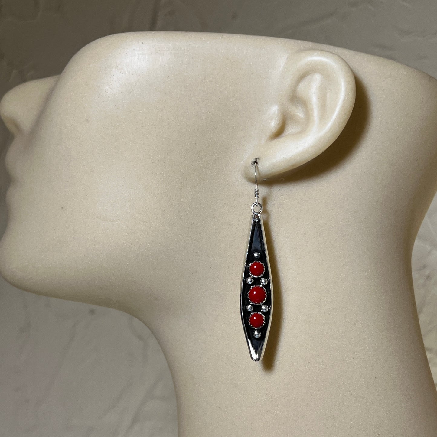 Long slender Red Coral Earrings Navajo handmade by Paul Largo sterling silver 662