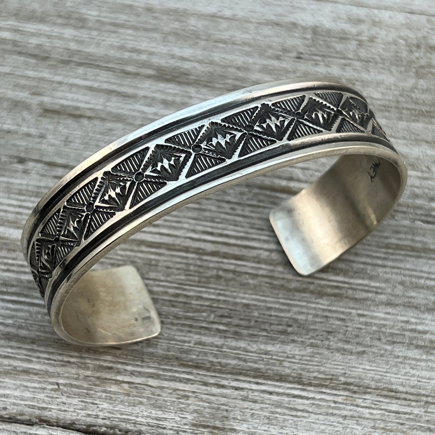 6.5" Sterling silver hand stamped Cuff Bracelet Navajo Leonard Maloney signed boho