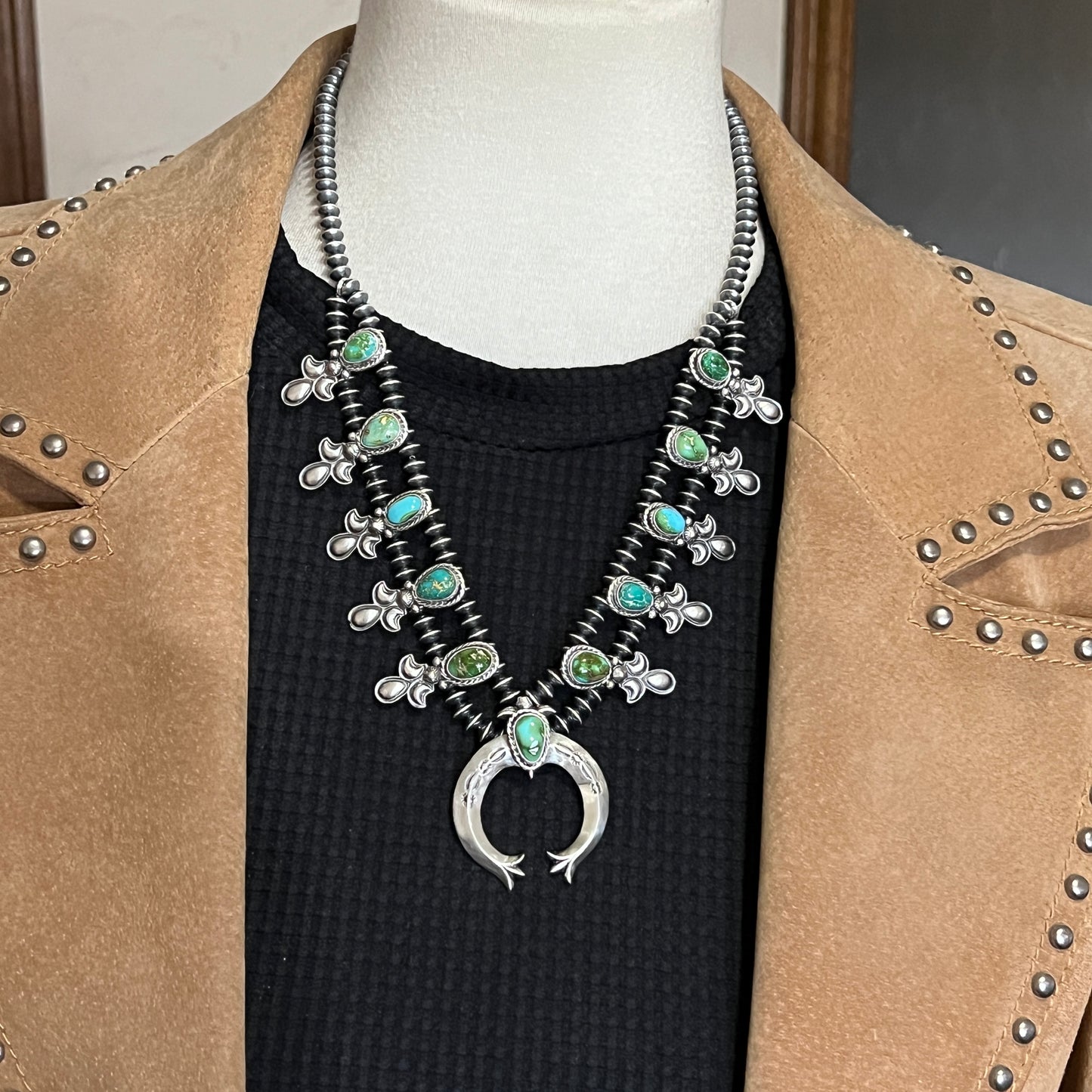 Sonoran Green Turquoise Small Squash Blossom Necklace Adrienne Gordon Navajo 516