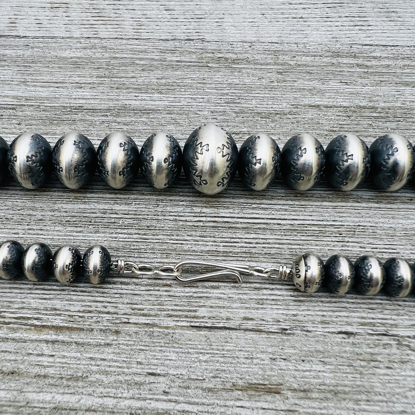 24" Sterling silver Handmade Navajo Pearl Graduated stamped bead necklace Bryannen Halwood signed