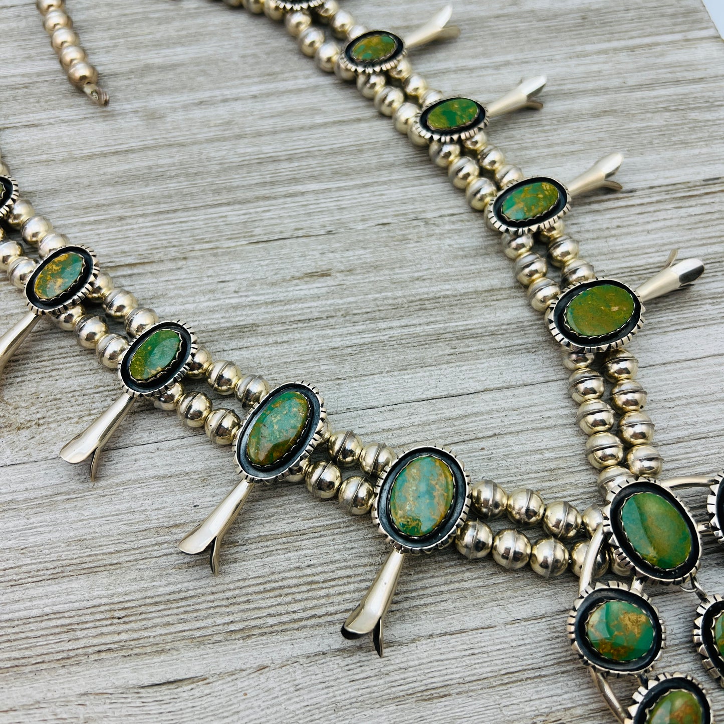 Vintage King's Manassa Turquoise 30" squash blossom necklace Sterling silver.