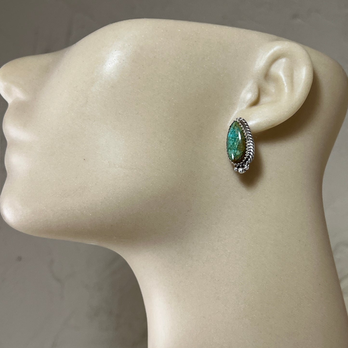 Green Kingman Turquoise Teardrop stud earrings sterling silver Theresa Smith Navajo 720