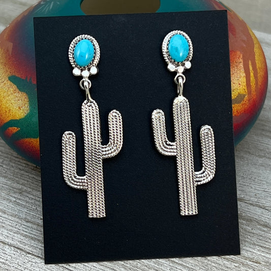 Navajo handmade turquoise Cactus dangle earrings sterling silver Annie Spencer