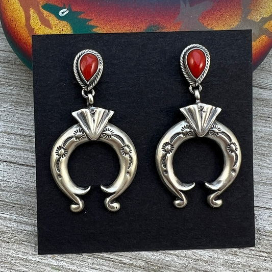 Red Mediterranean Coral Naja Earrings, Navajo Verley Betone Sterling Silver