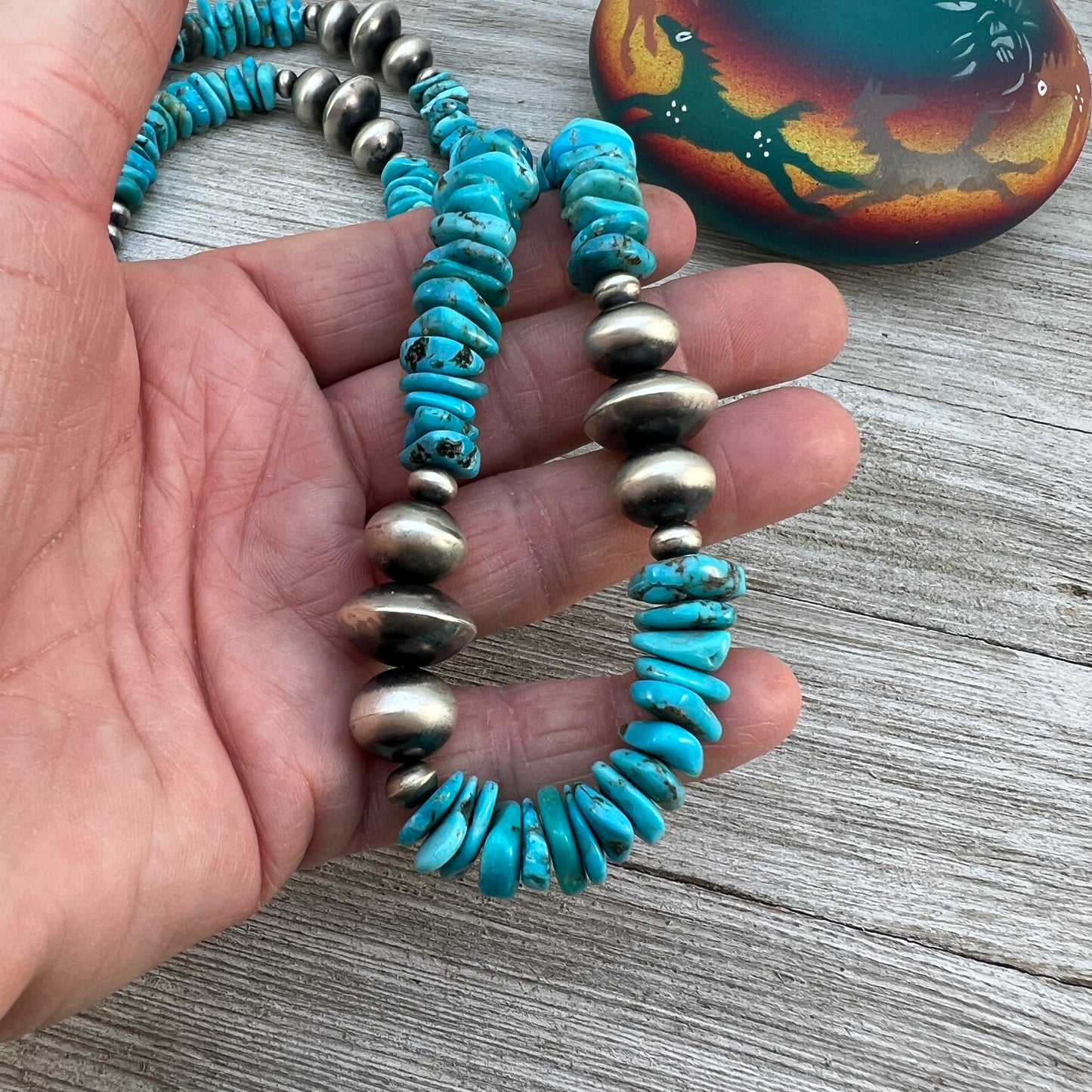 30" long blue turquoise bead nuggets necklace, sterling silver handmade Navajo pearls