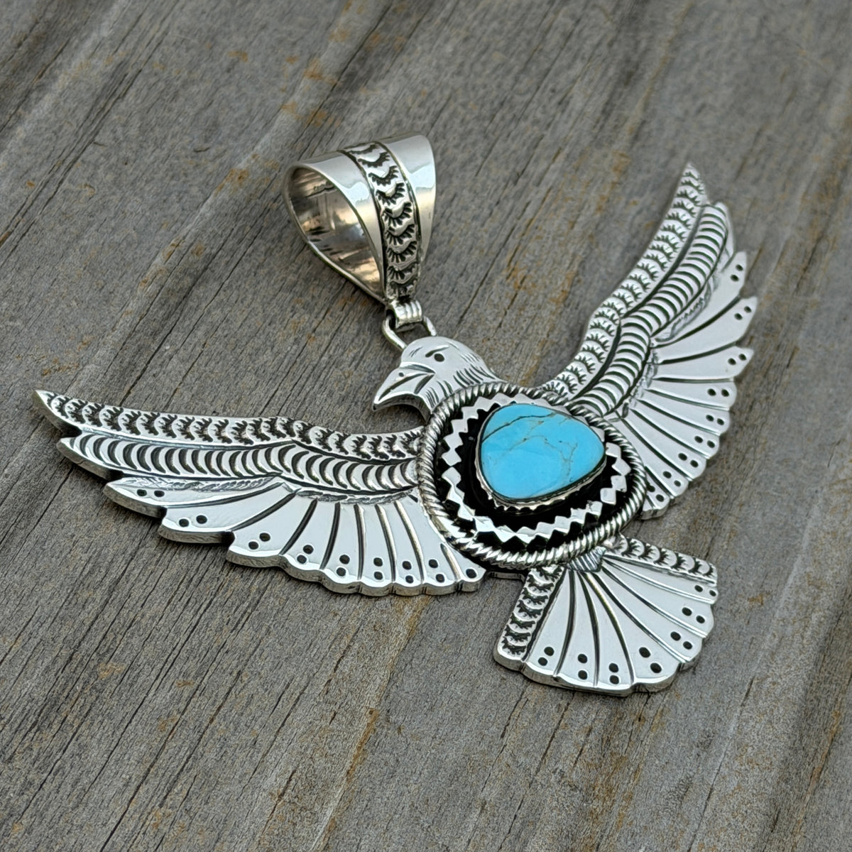 Turquoise Thunderbird Pendant sterling silver Jeremy Delgarito Navajo PD11 hand stamped