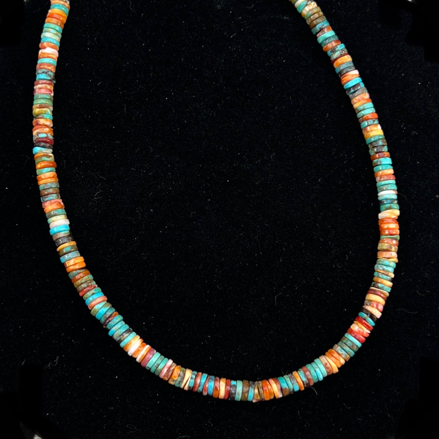 17", 4mm heishi necklace choker, turquoise red orange spiny oyster shell boho necklace