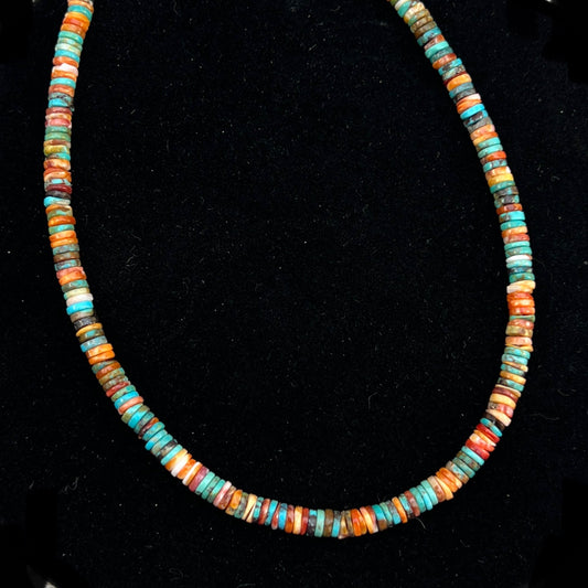 17", 4mm heishi necklace choker, turquoise red orange spiny oyster shell boho necklace