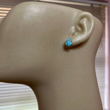 Small teardop real turquoise stud earrings, fish scale, Zuni handmade, sterling silver, Thurza Leekya