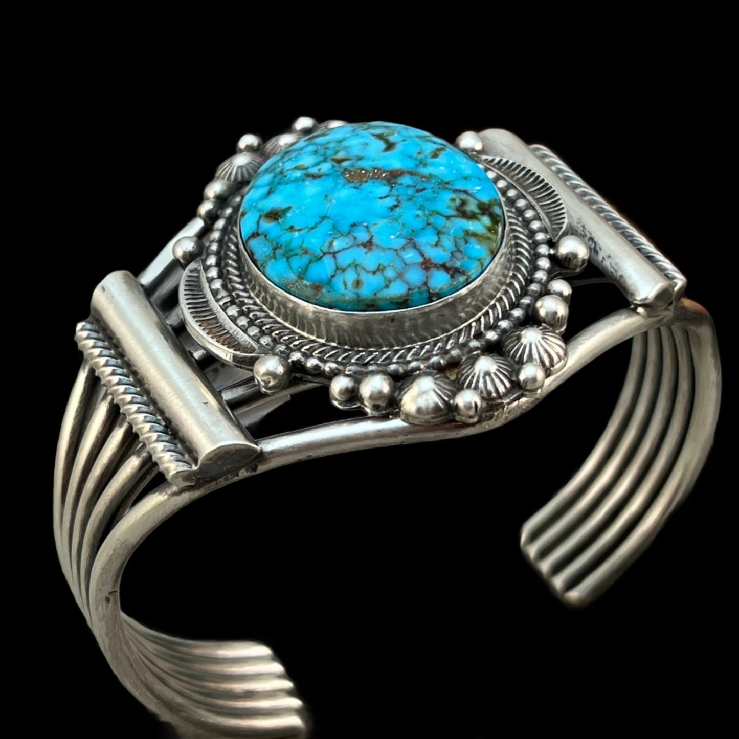 6 1/2" - 6 7/8", Kingman spiderweb turquoise, cuff bracelet #2, Navajo handmade signed, Tom Lewis sterling silver, statement