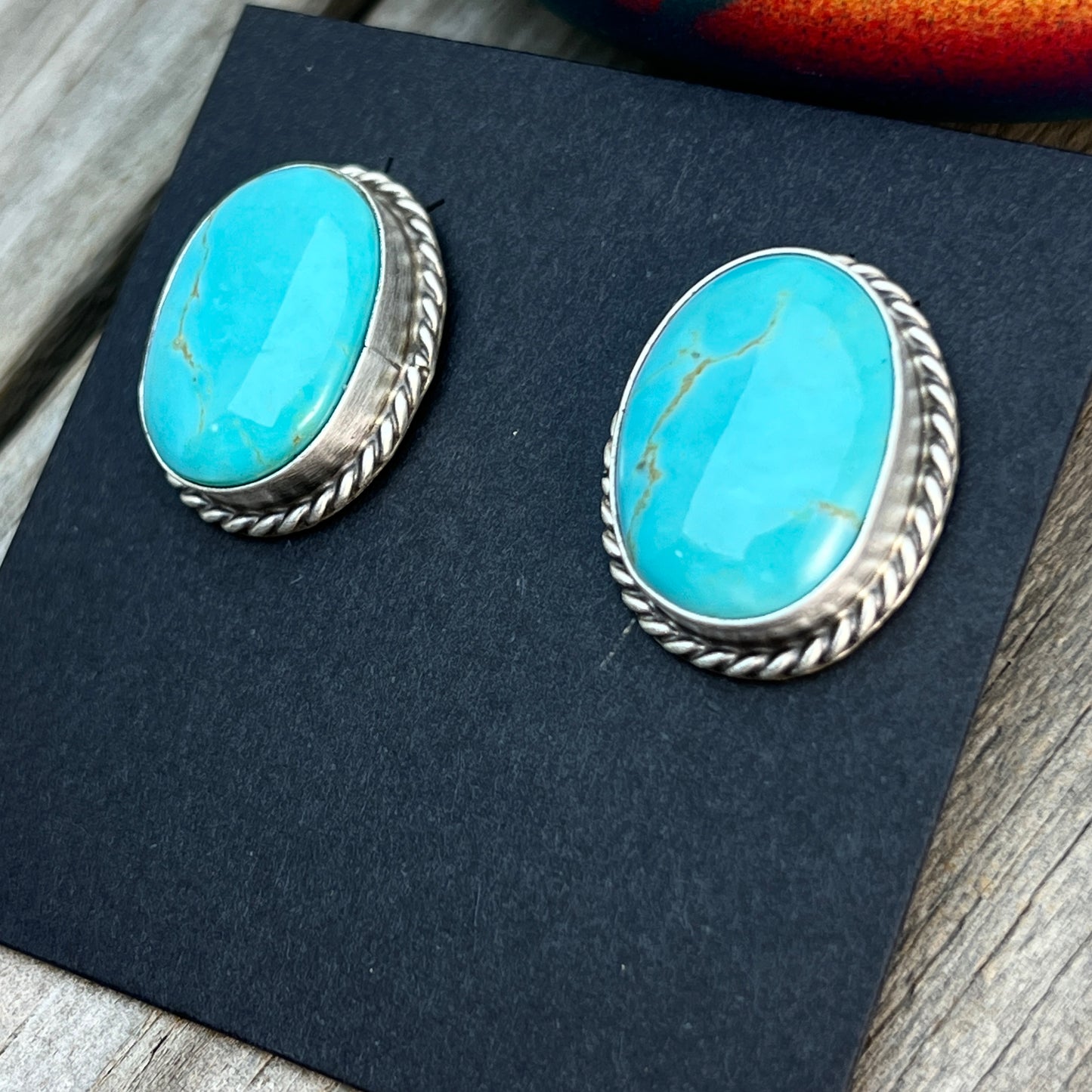 Blue Royston Turquoise oval stud earrings sterling silver Chassity Belone Navajo 727