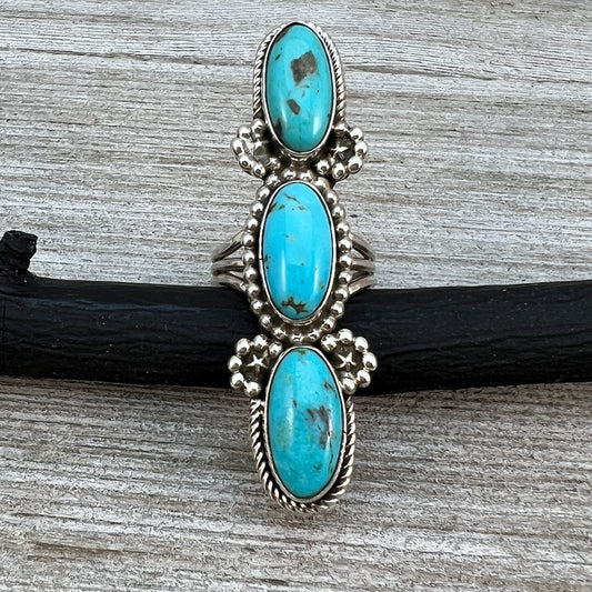 Size 8 Blue Campitos turquoise sterling silver long pointer ring Harold Becenti 488