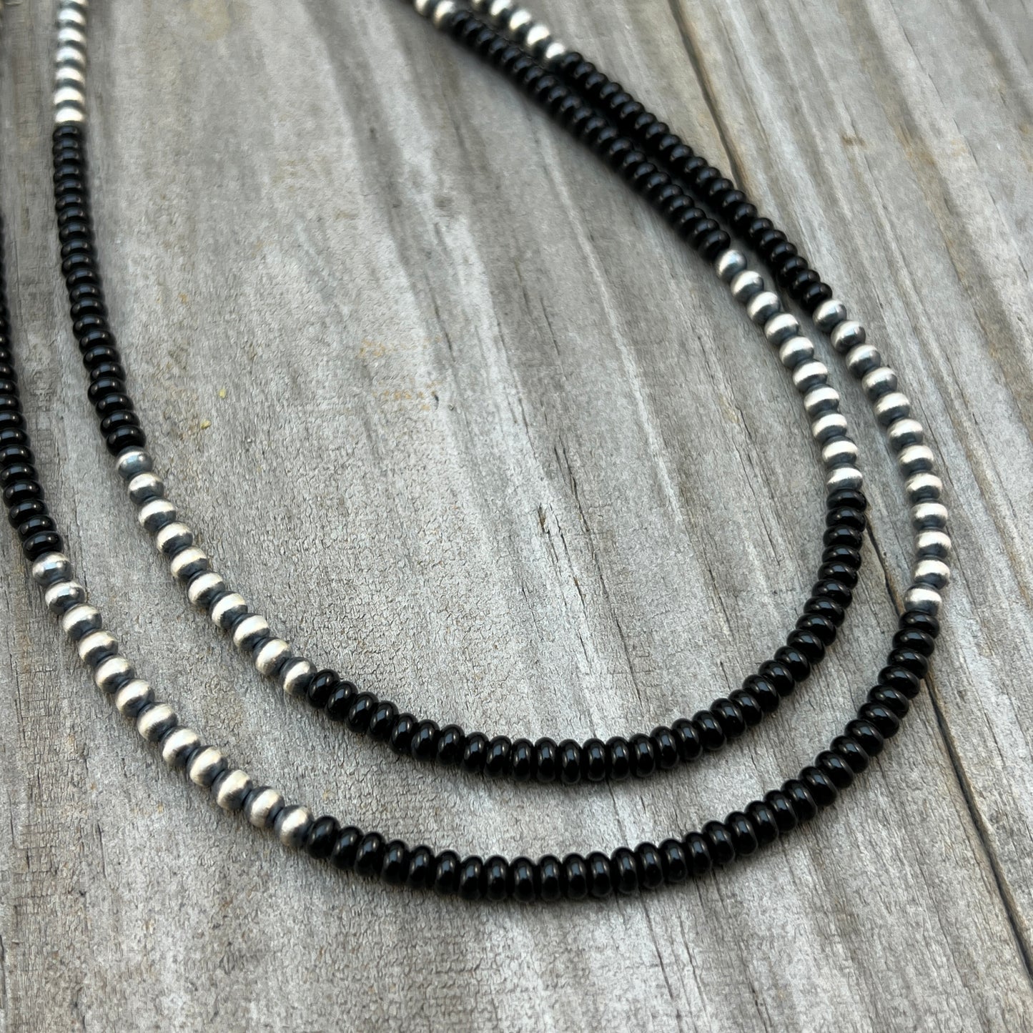 Real 925 sterling silver 4mm Black Onyx Necklace Oxidized Pearl BOHO Western Jewelry