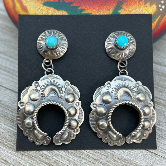 Sterling silver Turquoise Hand stamped naja concho earrings, Navajo Gabrielle Yazzie 3