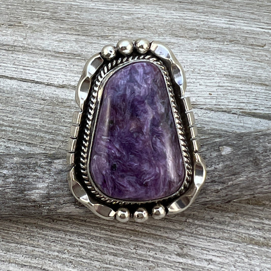 Size 6 Charoite sterling silver handmade ring #6, Navajo Samuel Yellowhair