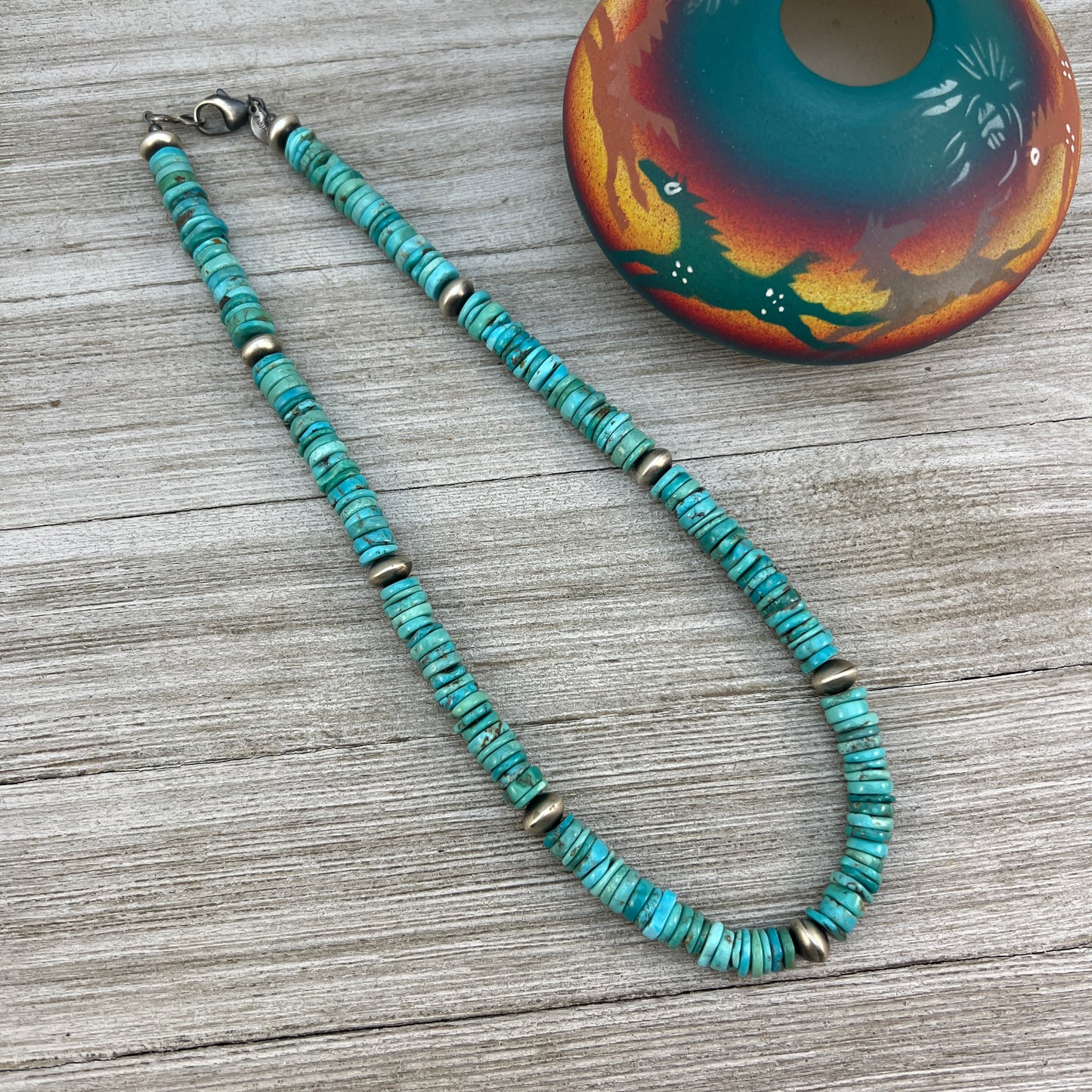 18 1/2" turquoise bead necklace with sterling silver handmade Navajo pearl beads