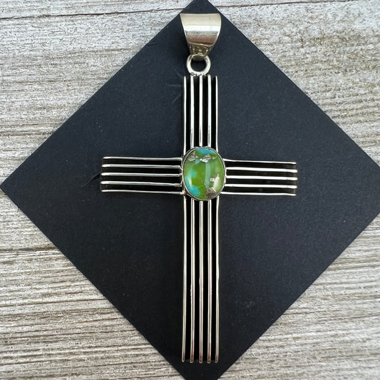 Sonoran Turquoise Modern sterling silver Rail, Channel Cross Pendant, Navajo artist Francis Jones