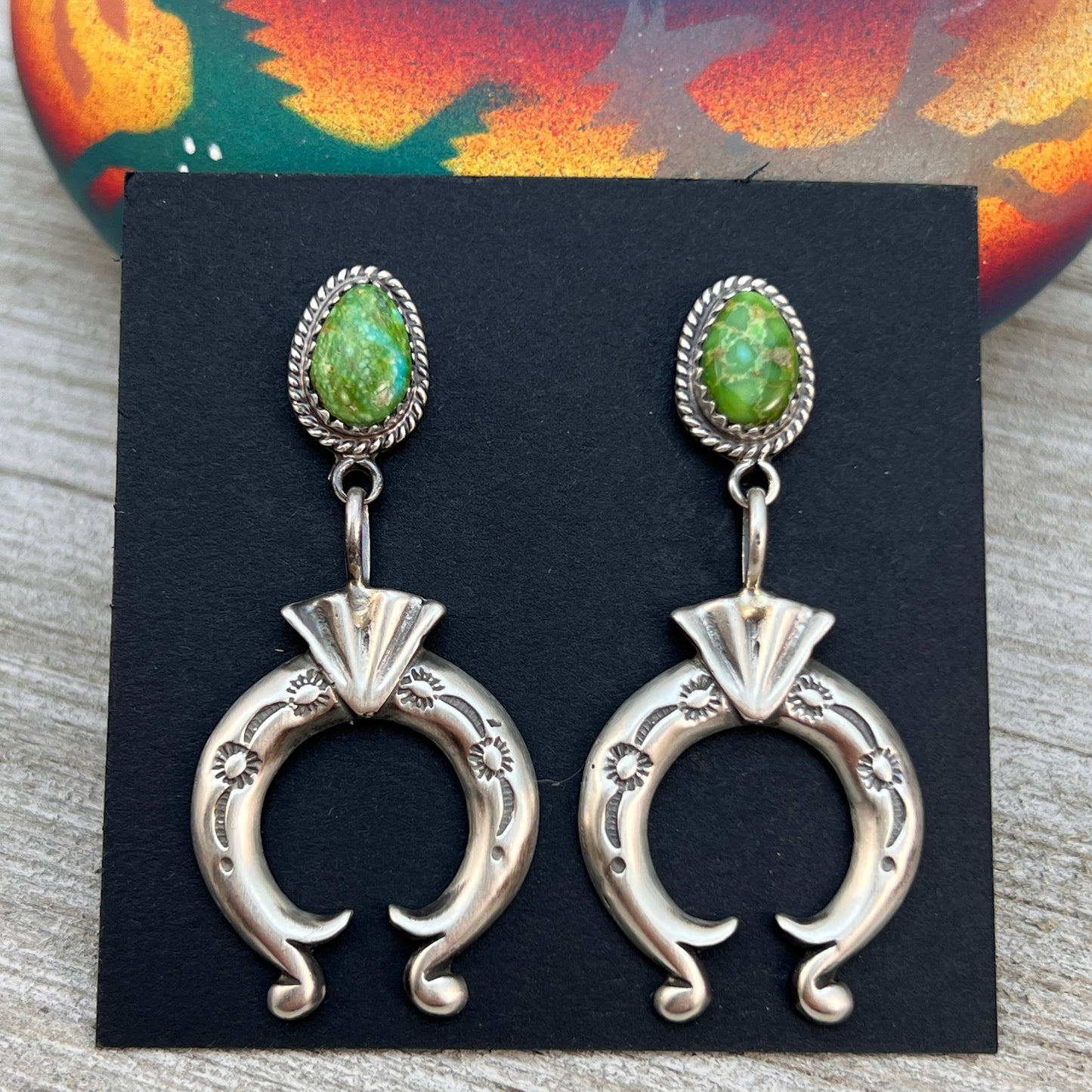 Green Sonoran Turquoise Naja Earrings 3, Navajo Paige Gordon Sterling Silver