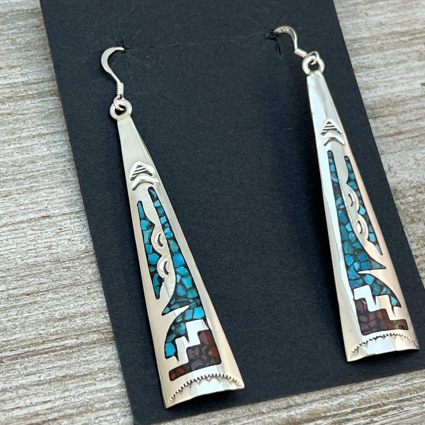 Turquoise coral chip inlay long earrings Navajo handmade signed Jolene Yazzie 2