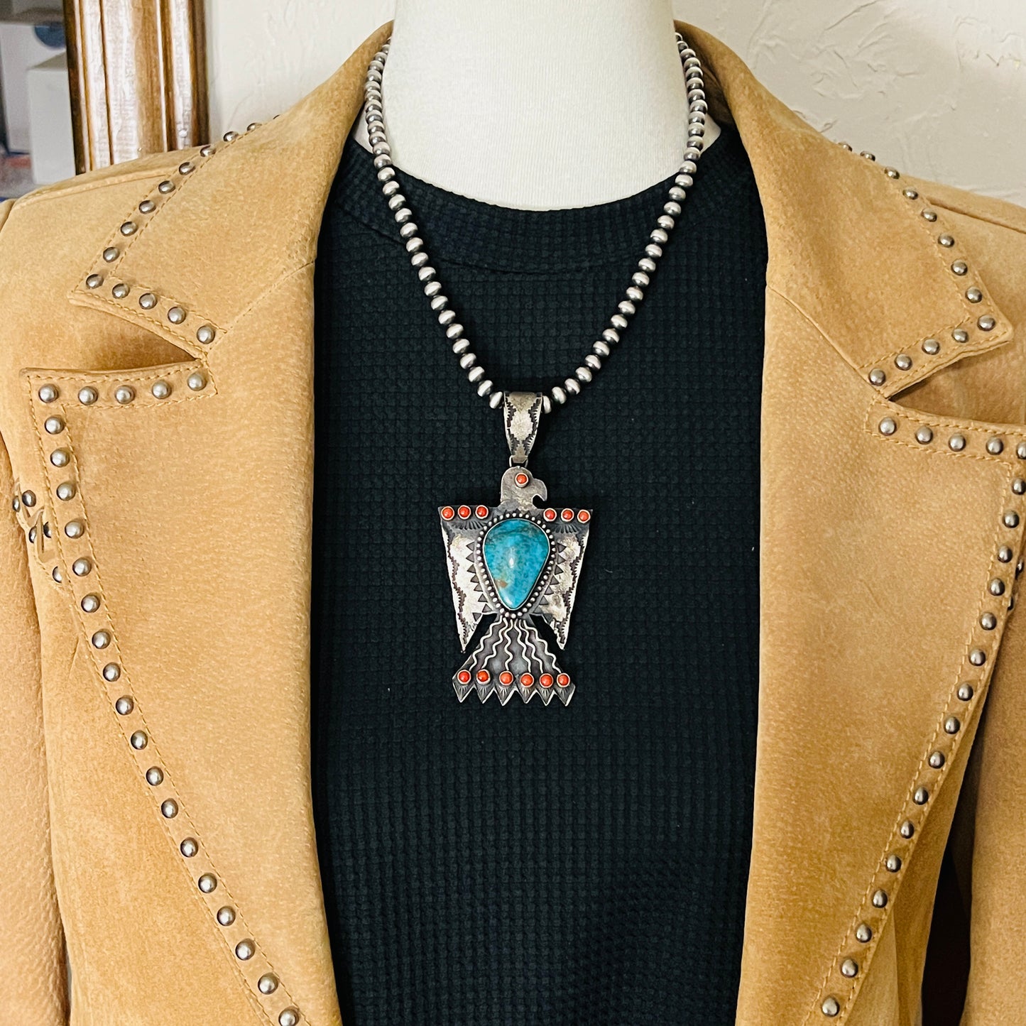 large Heavy Thunderbird Pendant Turquoise Coral Shawn Cayatineto Sterling Silver