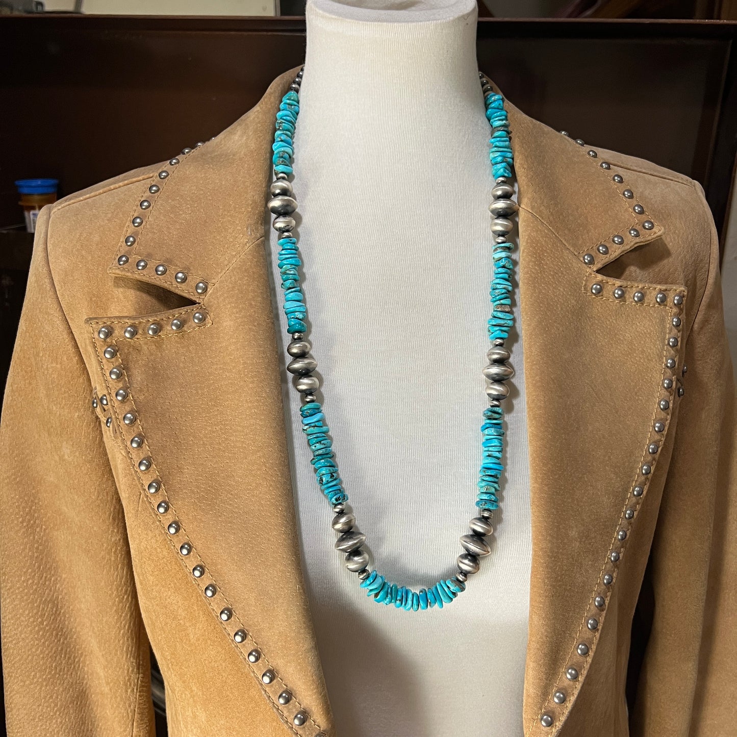 30" long blue turquoise bead nuggets necklace, sterling silver handmade Navajo pearls