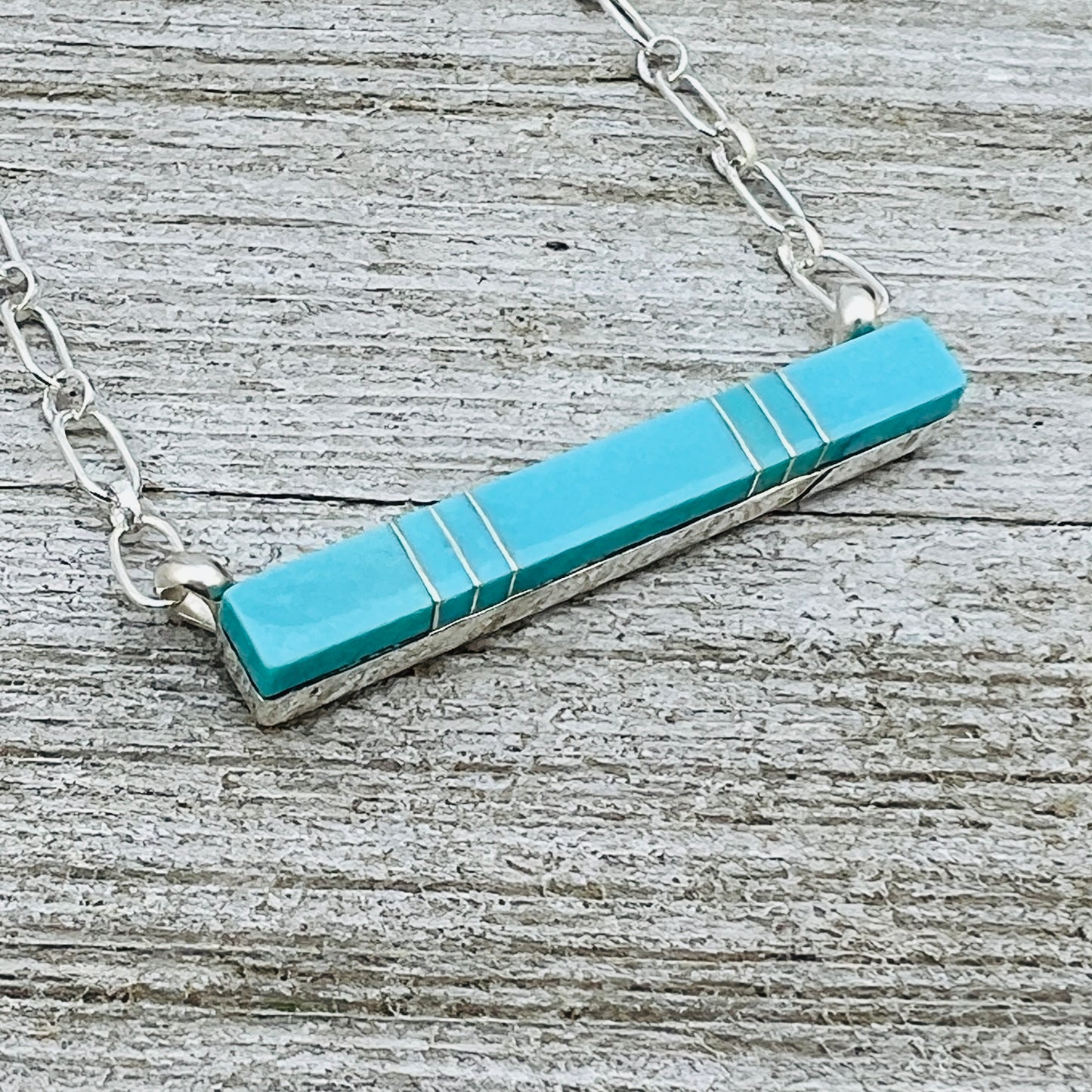 18" Turquoise inlay bar necklace Zuni handmade MaDerral Kallestewa
