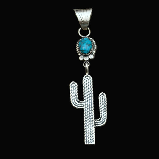 Blue Campitos Turquoise Cactus Pendant Sharon McCarthy Navajo Sterling Silver PD10
