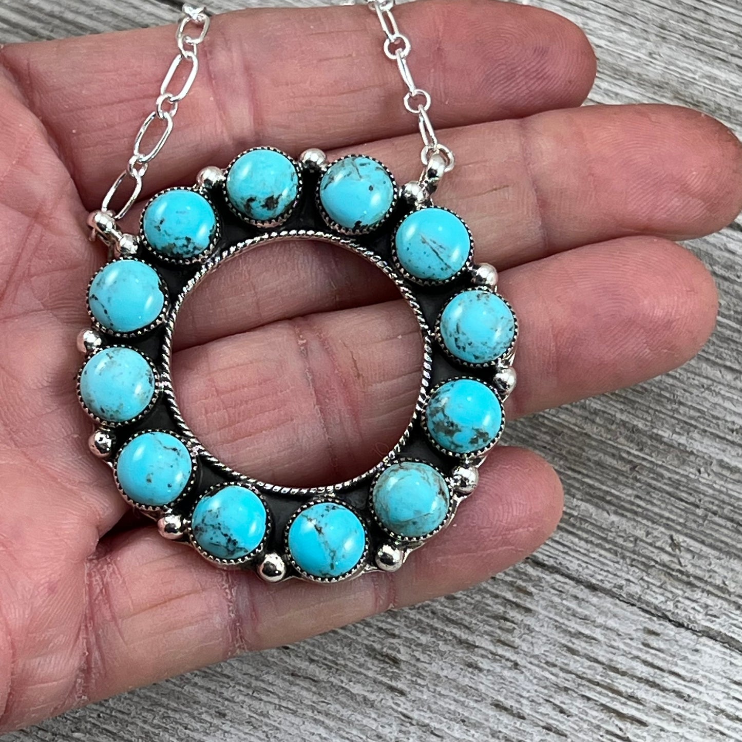 Kingman turquoise eternity open circle multi stone necklace 21", Navajo handmade Loretta Delgarito, sterling silver