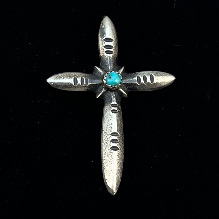 Narrow Turquoise Cross Pendant Sterling Silver Navajo handmade Martha Cayatineto