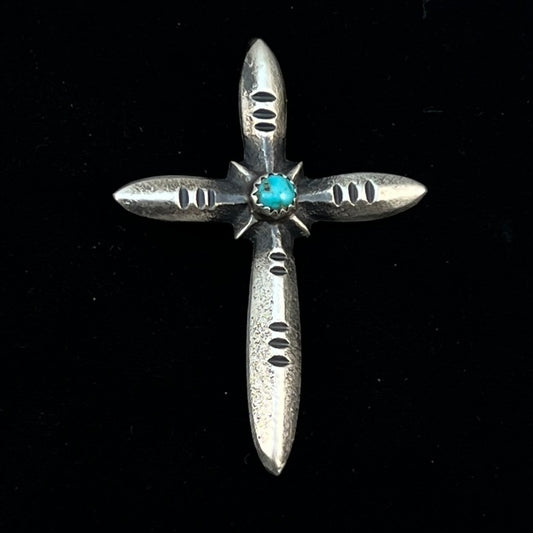 Narrow Turquoise Cross Pendant Sterling Silver Navajo handmade Martha Cayatineto