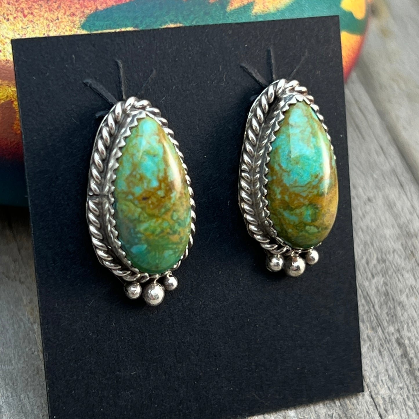 Green Kingman Turquoise Teardrop stud earrings sterling silver Theresa Smith Navajo 719
