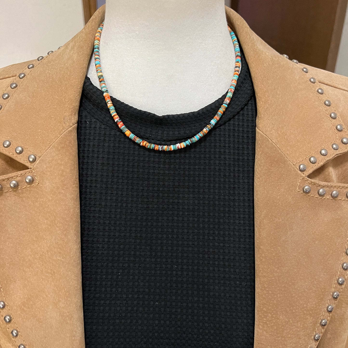 17", 4mm heishi necklace choker, turquoise red orange spiny oyster shell boho necklace