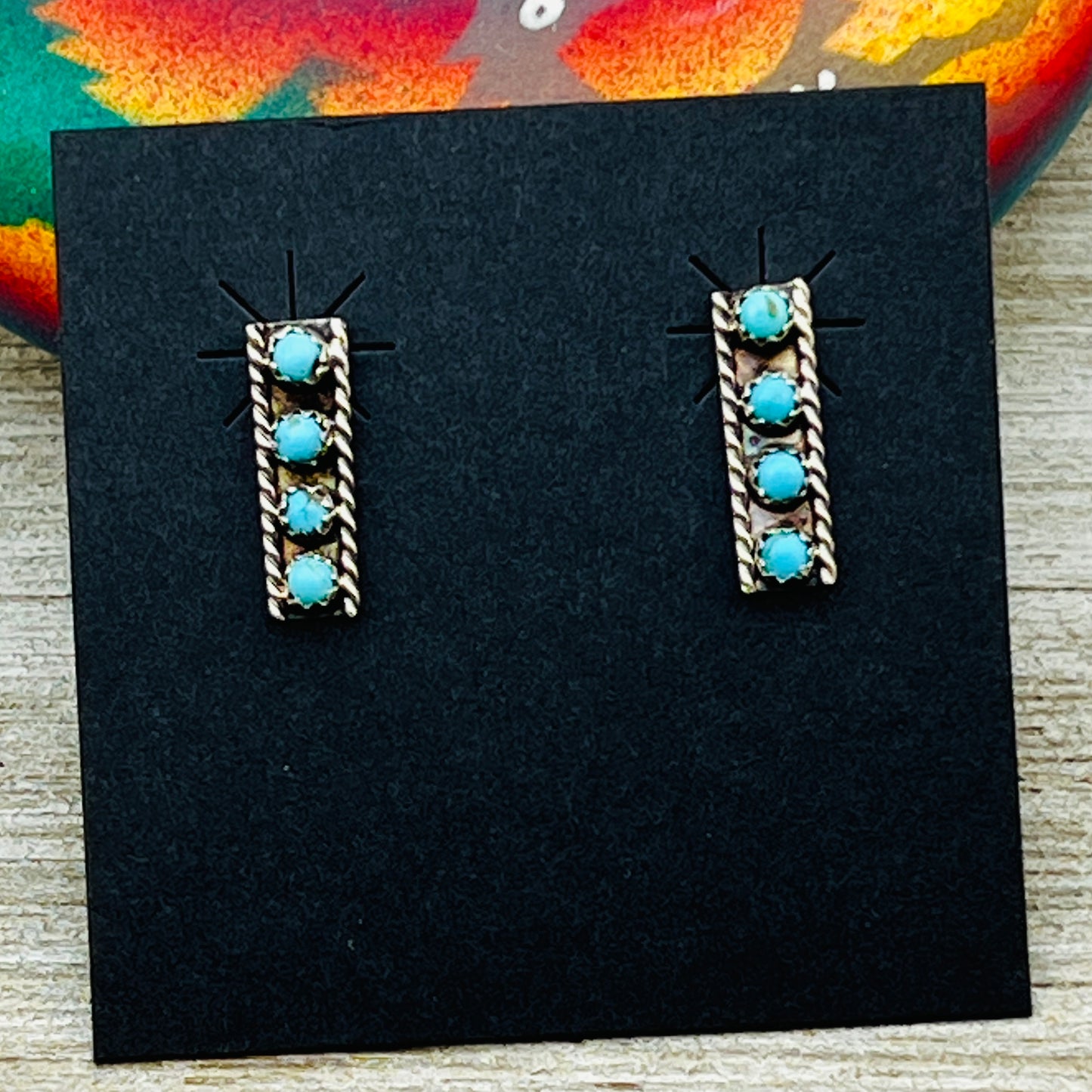 Turquoise snake eye turquoise dot small 3/4" Bar earrings Janice Spencer ER13