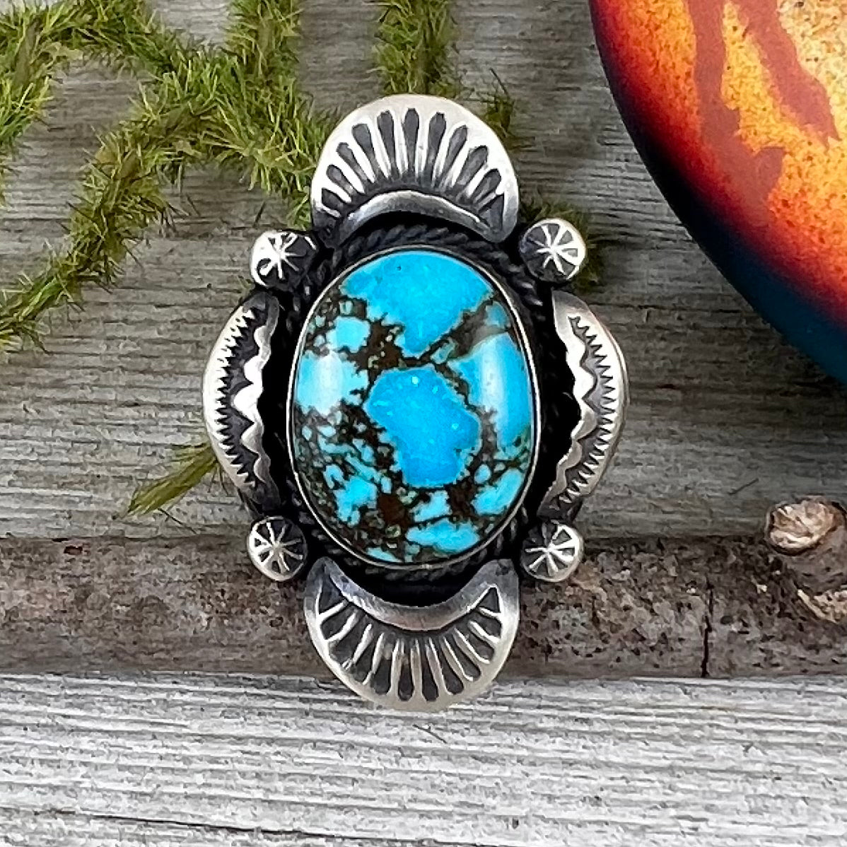 Size 8 / B  Beautiful High Grade, Blue, Kingman spiderweb Turquoise ring, Heavy handmade by Navajo artist, Gilbert Tom, signed,