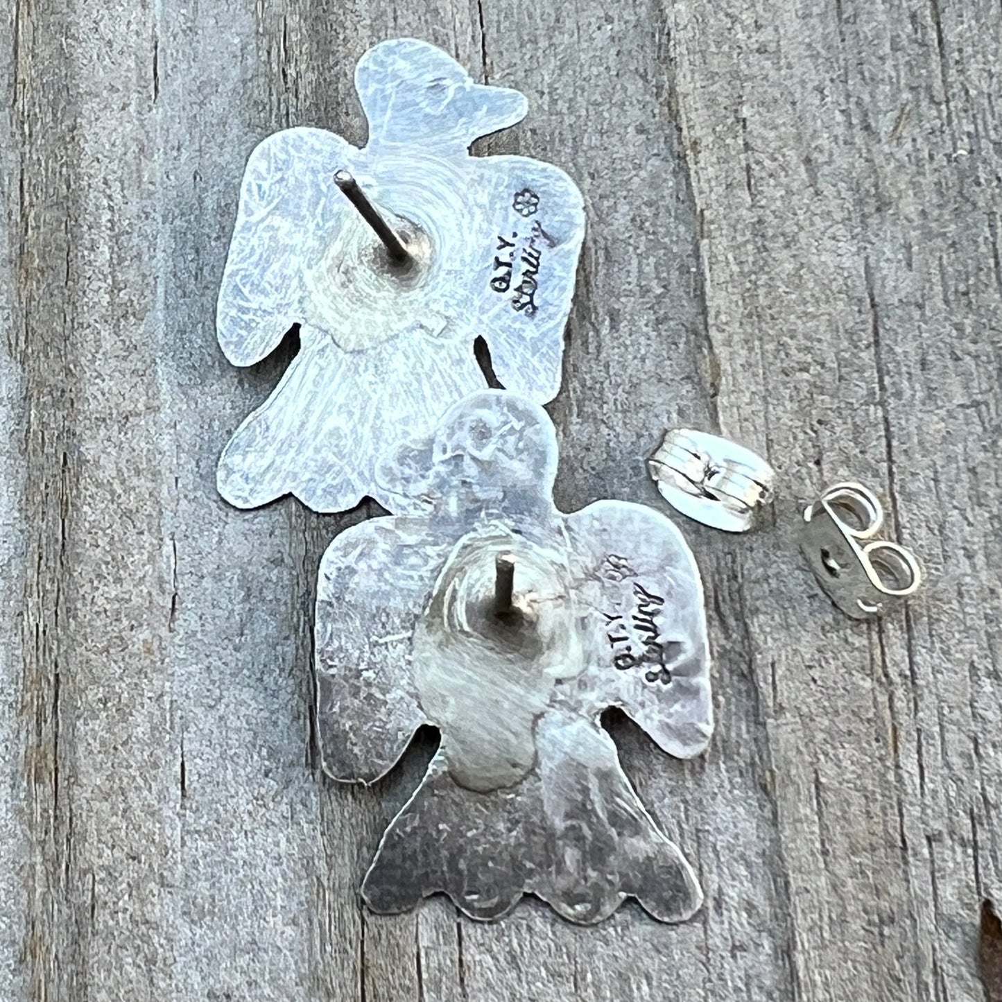 Turquoise thunderbird stud earrings oxidized Sterling silver Navajo Tim Yazzie 707